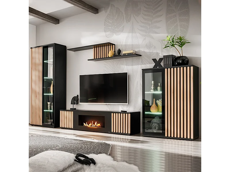 Parete attrezzata moderna per soggiorno con biocamino nera e rovere 340x192 PAP156