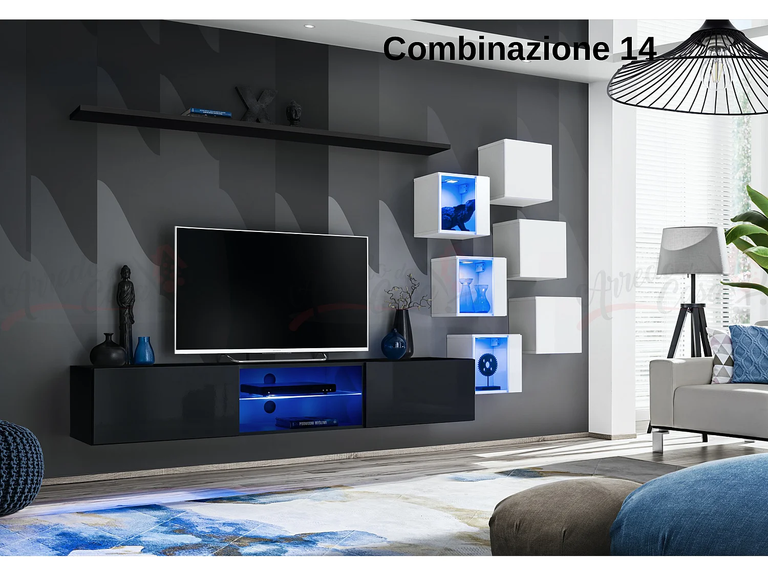 Parete attrezzata soggiorno con mobile TV sospeso 260x150 nero e bianco PAP67