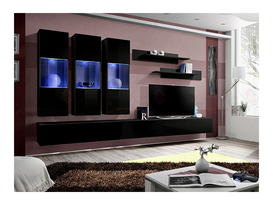 Parete attrezzata soggiorno moderna con tre vetrine illuminate 320x190 nero PAP92