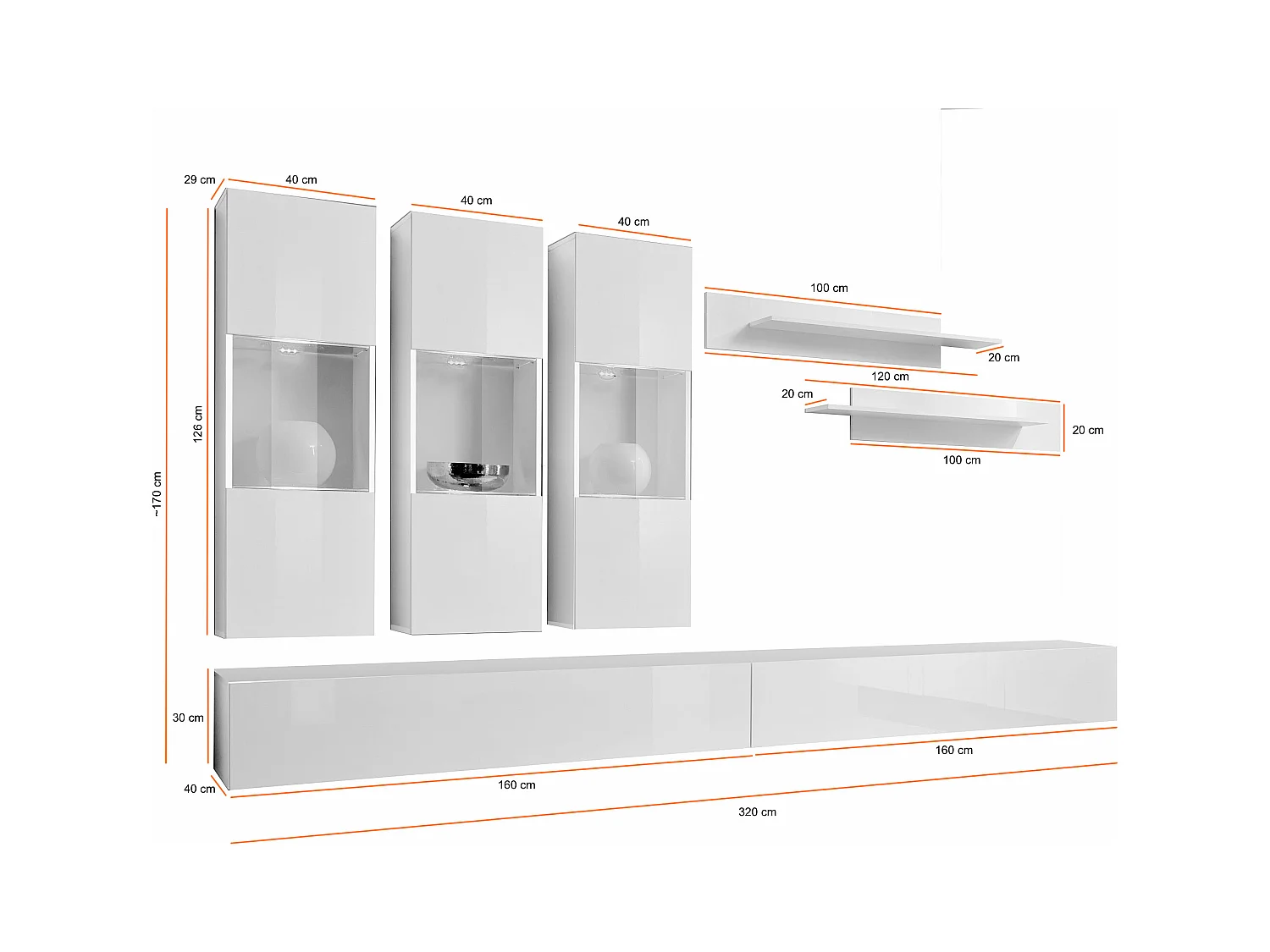 Parete attrezzata soggiorno moderna con tre vetrine illuminate 320x190 nero PAP92