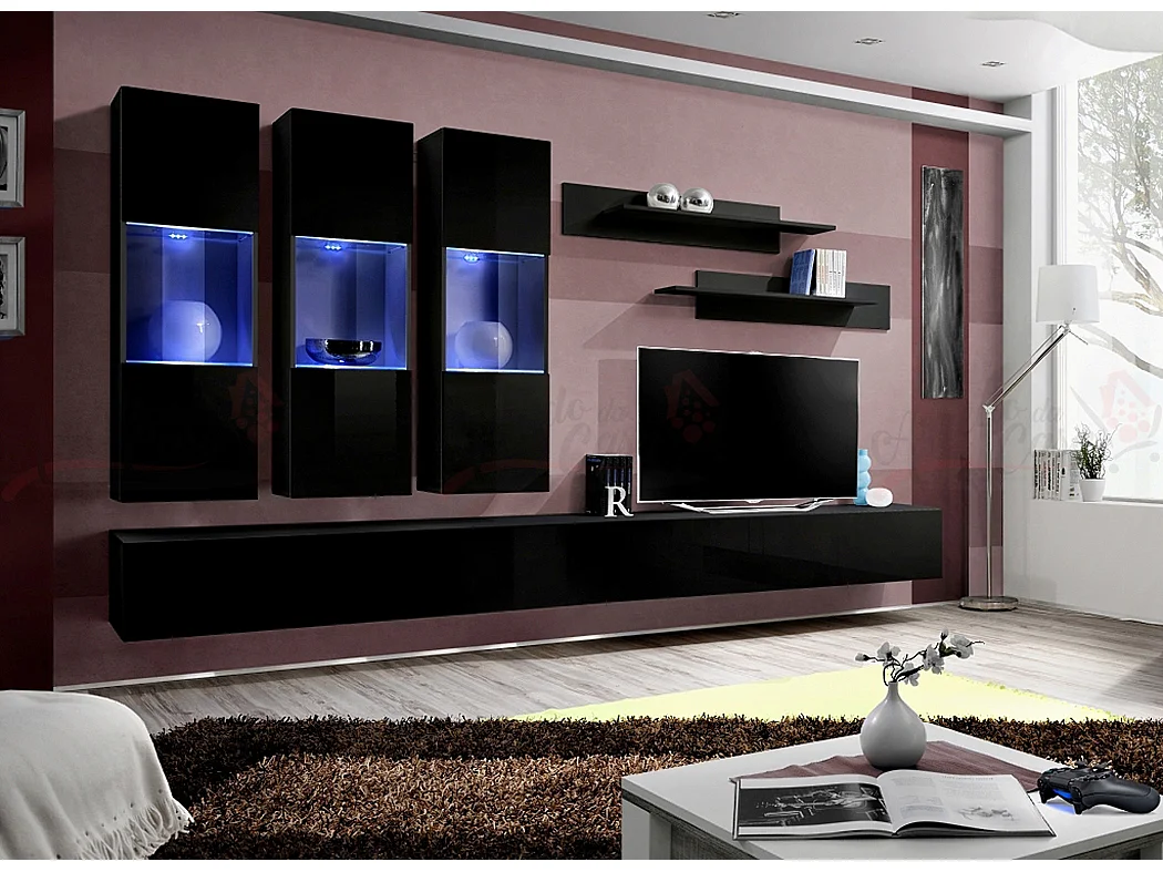 Parete attrezzata soggiorno moderna con tre vetrine illuminate 320x190 nero PAP92