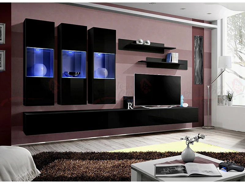 Parete attrezzata soggiorno moderna con tre vetrine illuminate 320x190 nero PAP92
