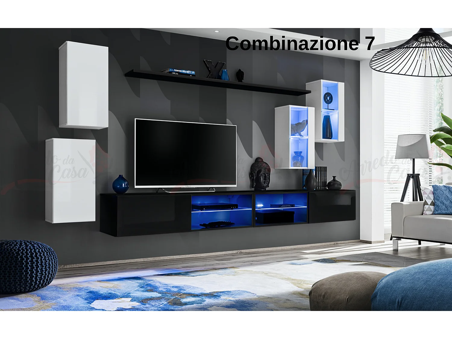 Parete attrezzata da soggiorno moderna con luci led 280x140 bianco e nero PAP71