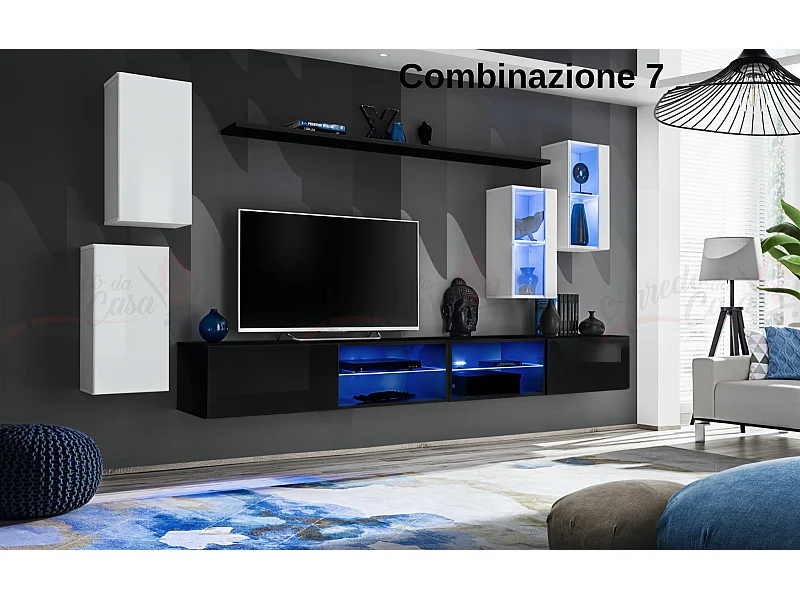 Parete attrezzata da soggiorno moderna con luci led 280x140 bianco e nero PAP71