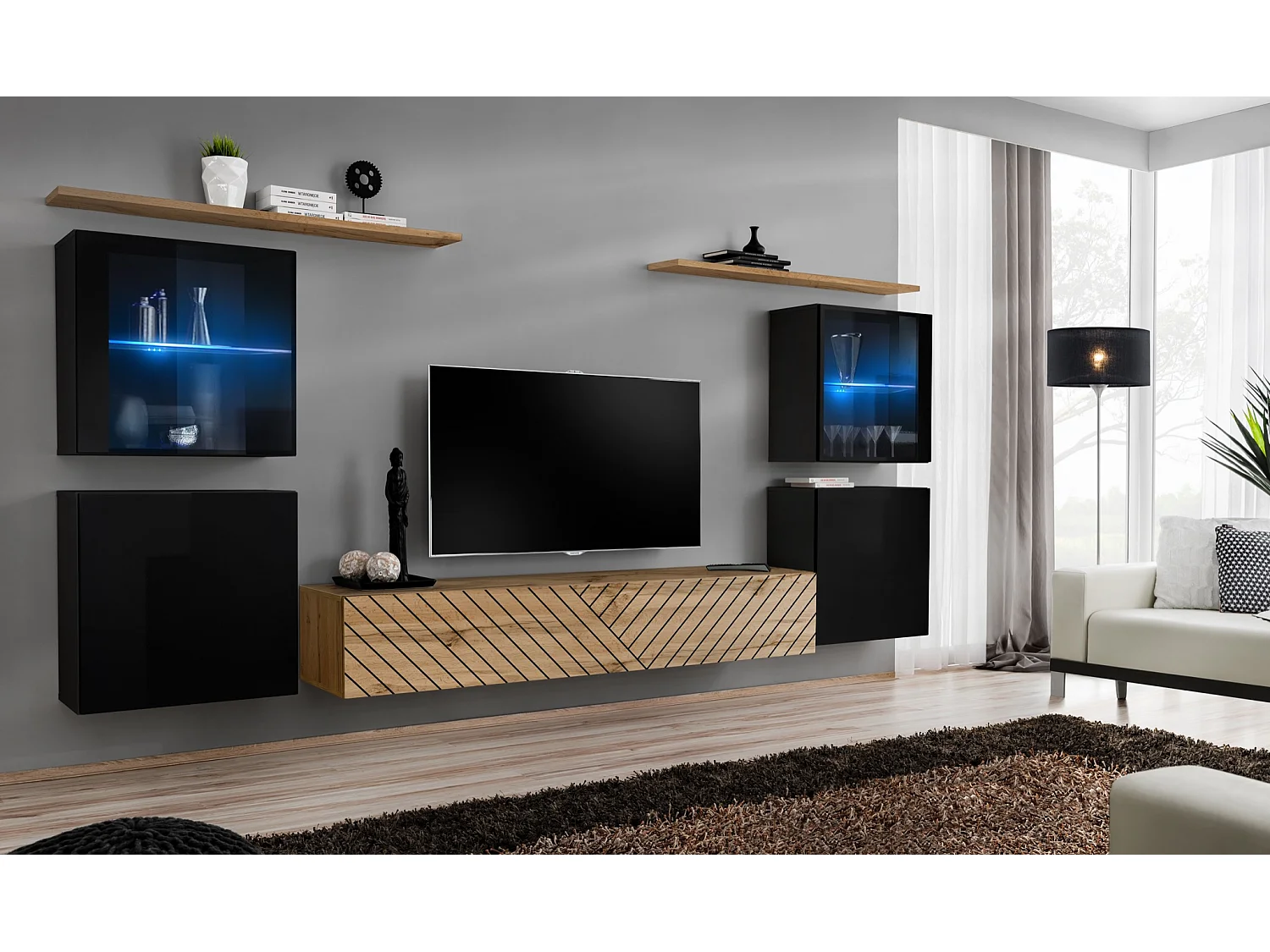 Parete attrezzata moderna con vetrine illuminate a led 320x150 nero e rovere PAP58