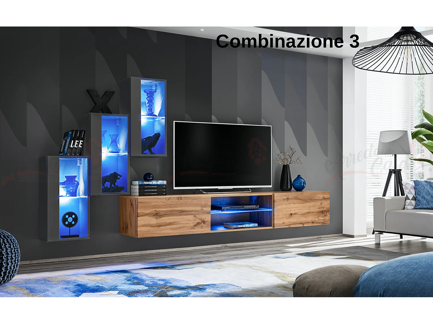 Parete attrezzata soggiorno moderna mobile TV sospeso 240x170 grigio e rovere PAP68