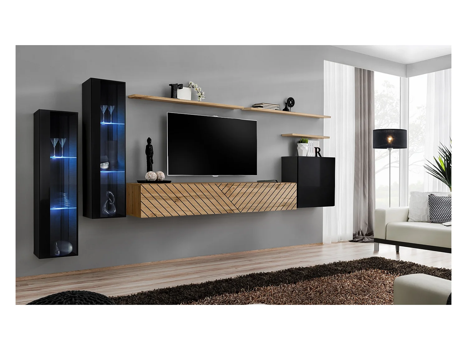 Parete attrezzata per soggiorno stile moderno 330x160 nero e rovere PAP55