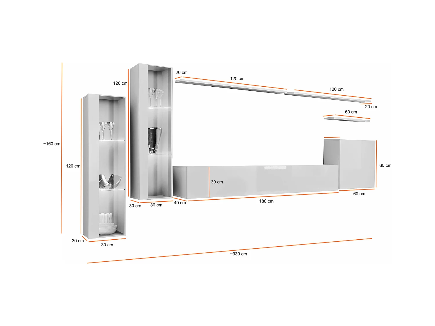 Parete attrezzata per soggiorno stile moderno 330x160 nero e rovere PAP55