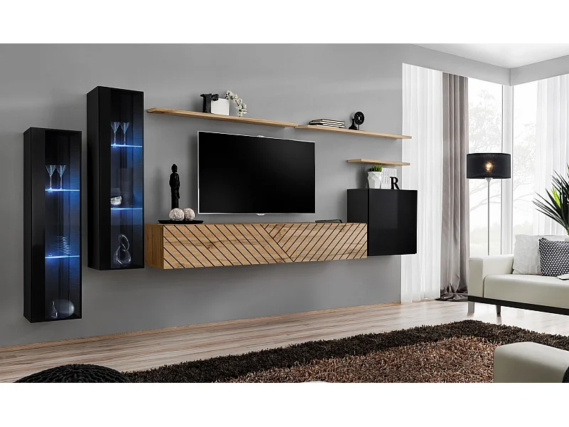 Parete attrezzata per soggiorno stile moderno 330x160 nero e rovere PAP55