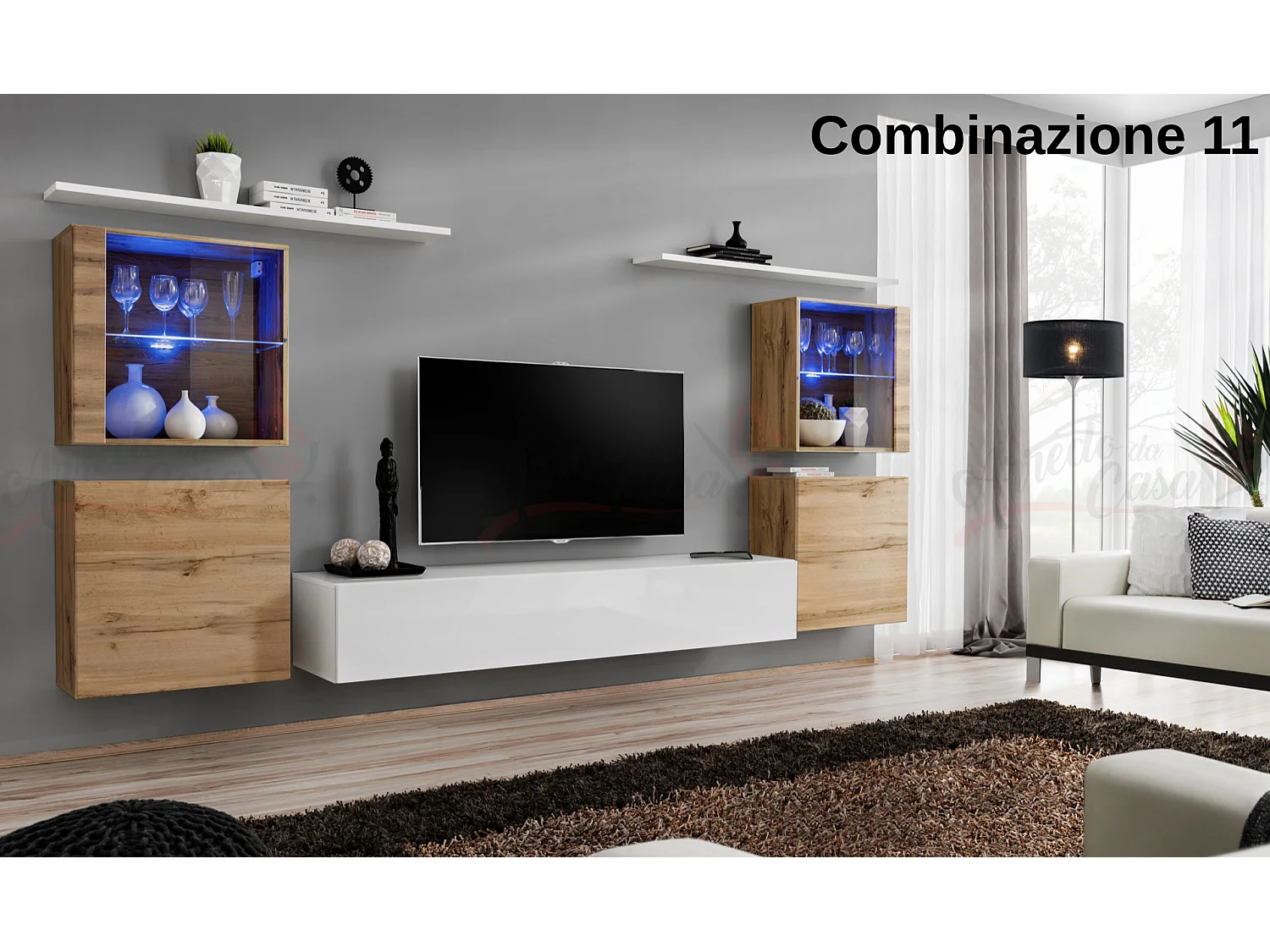 Parete attrezzata moderna con vetrine illuminate a led 320x150 rovere e bianco PAP58