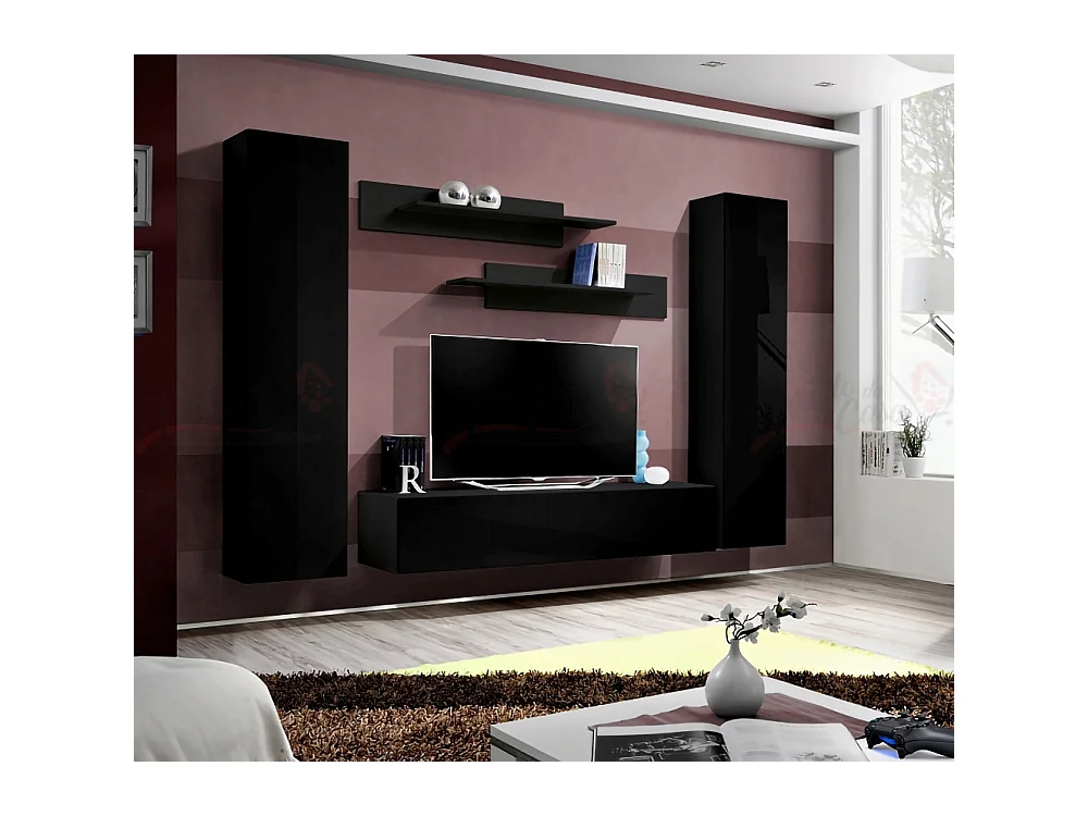 Parete attrezzata per soggiorno con due pensili sospesi 260x190 nero PAP81