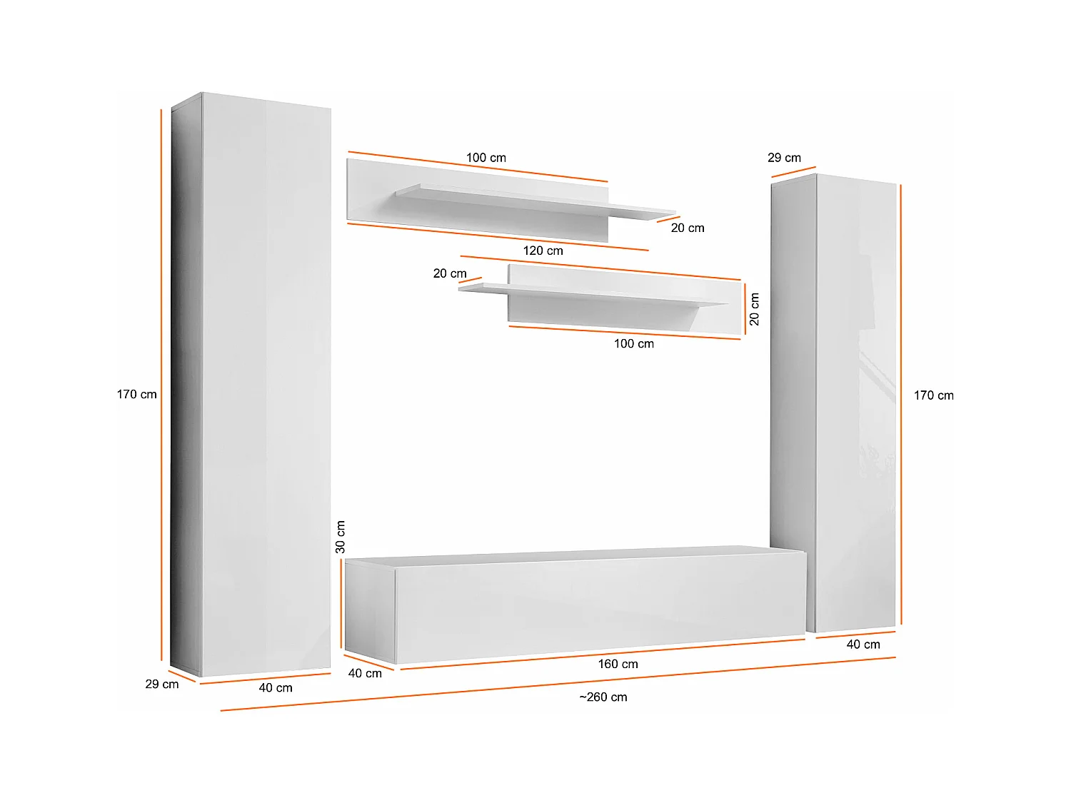 Parete attrezzata per soggiorno con due pensili sospesi 260x190 nero PAP81