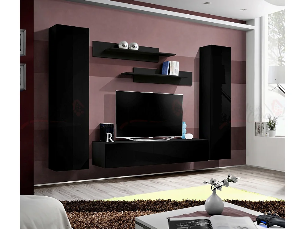 Parete attrezzata per soggiorno con due pensili sospesi 260x190 nero PAP81