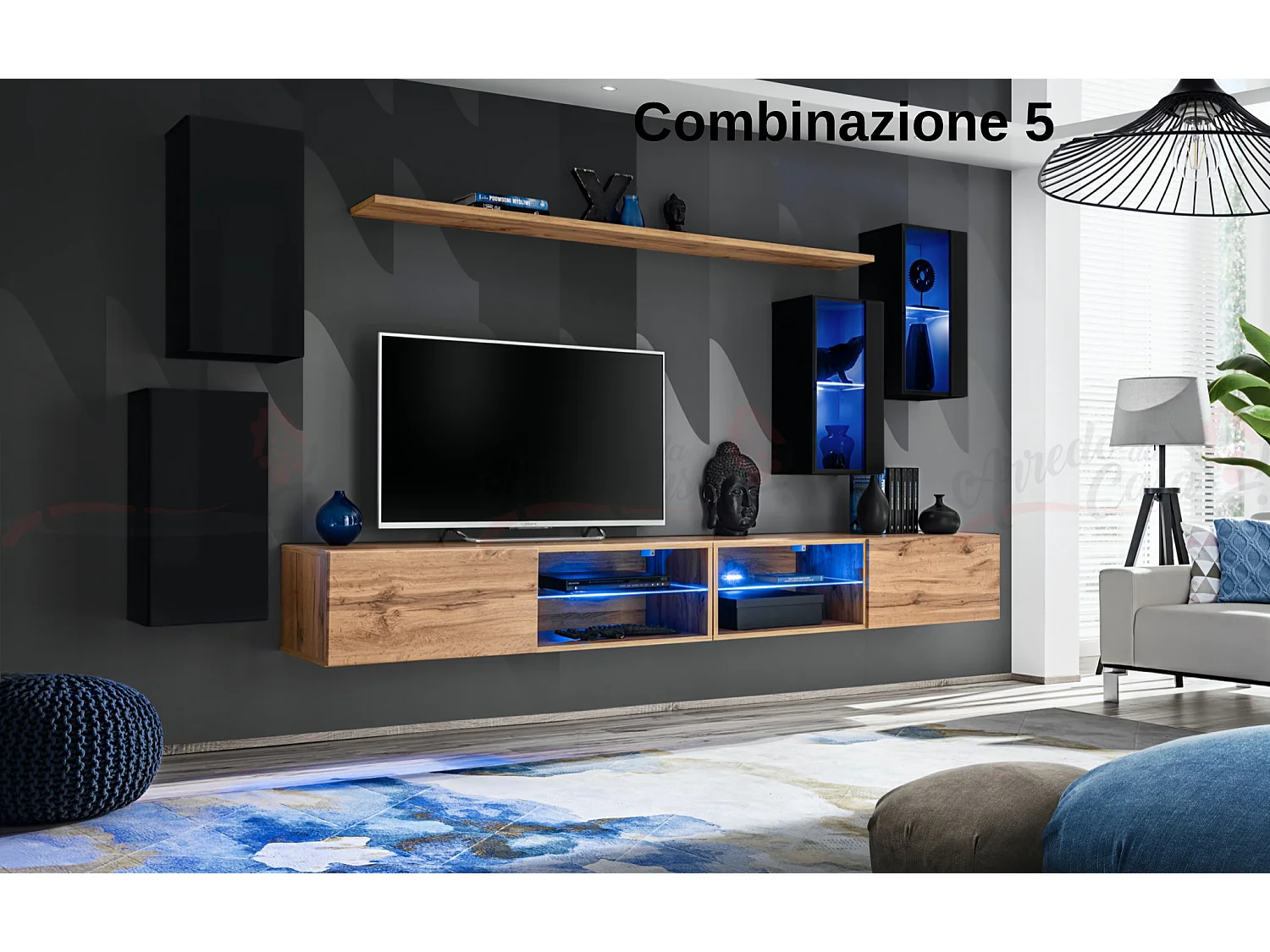 Parete attrezzata da soggiorno moderna con luci led 280x140 nero e rovere PAP71