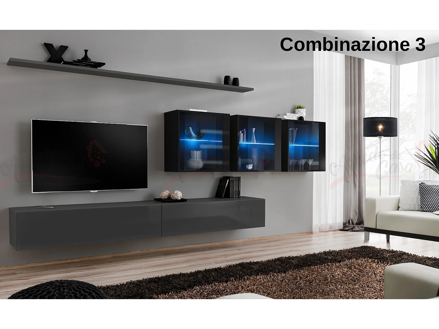 Parete attrezzata design moderno con vetrina 340x150 grigio e nero PAP61