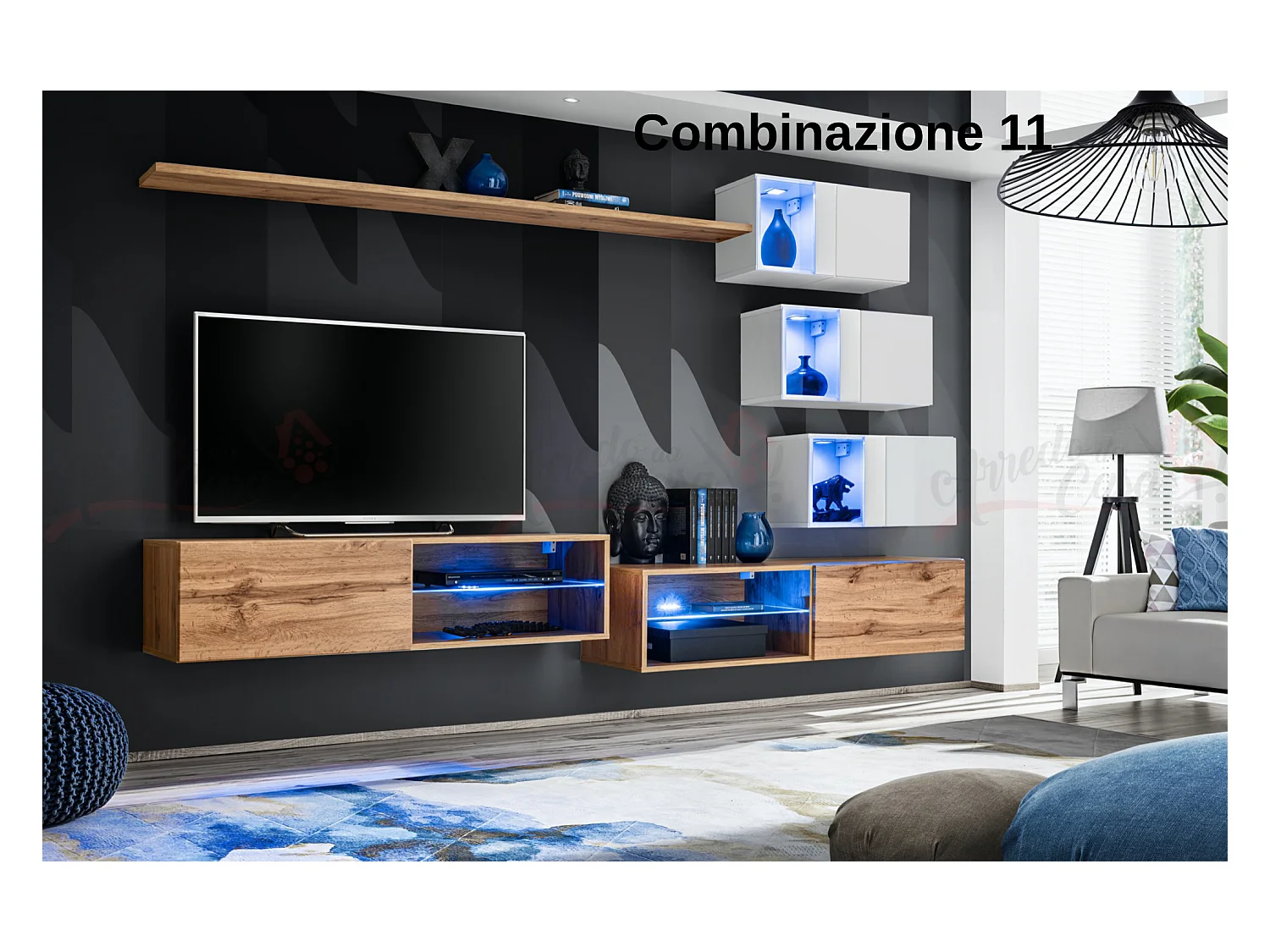 Parete attrezzata per soggiorno con vetrinette e luci led 260x170 rovere e bianco PAP70