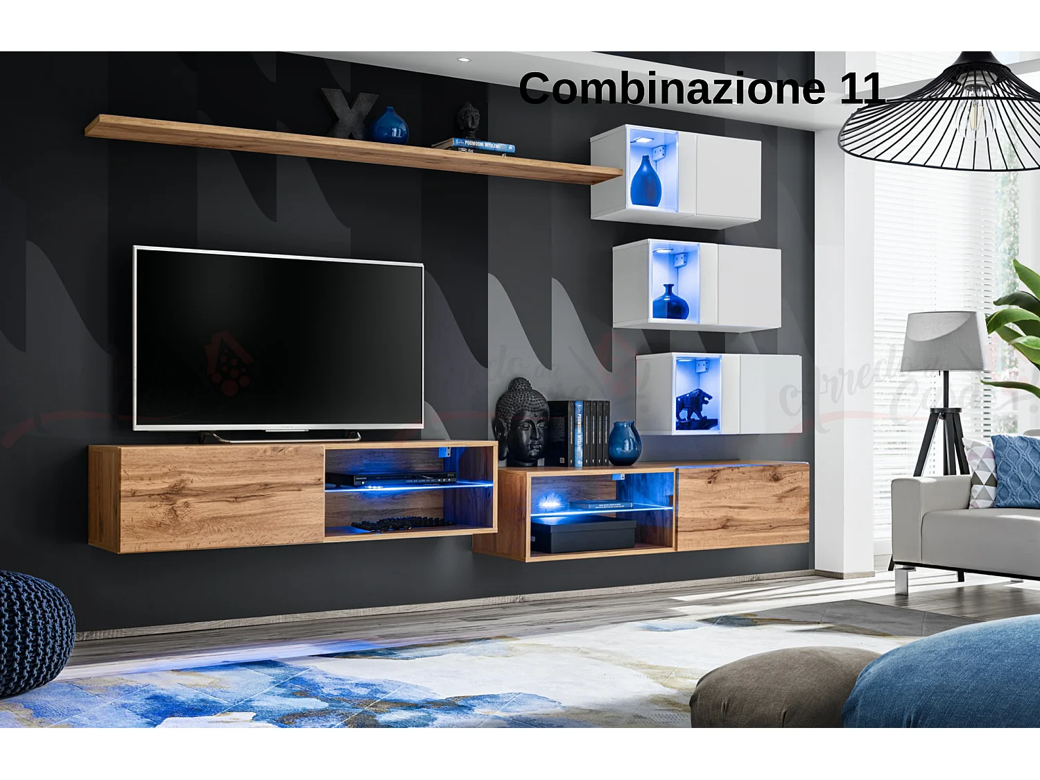 Parete attrezzata per soggiorno con vetrinette e luci led 260x170 rovere e bianco PAP70