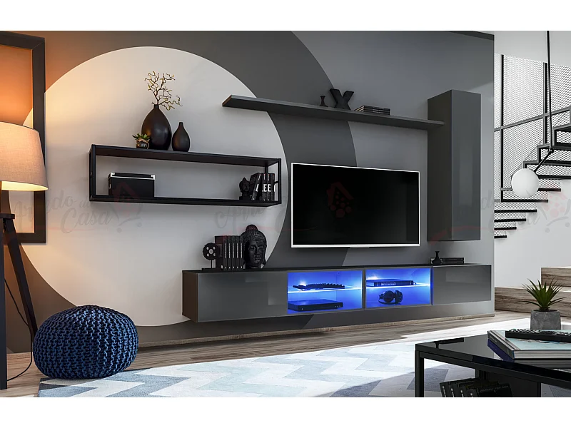 Parete attrezzata da soggiorno con luci led 300x170 grigio PAP76