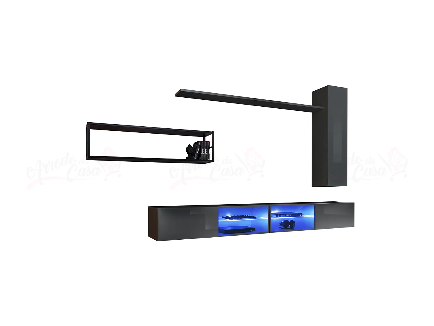 Parete attrezzata da soggiorno con luci led 300x170 grigio PAP76