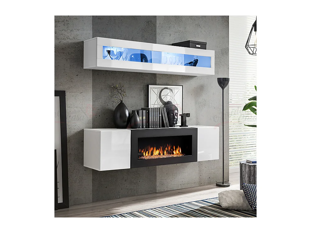 Parete attrezzata sospesa con vetrina orizzontale e luci LED e  biocamino 160x150 bianco PAP112