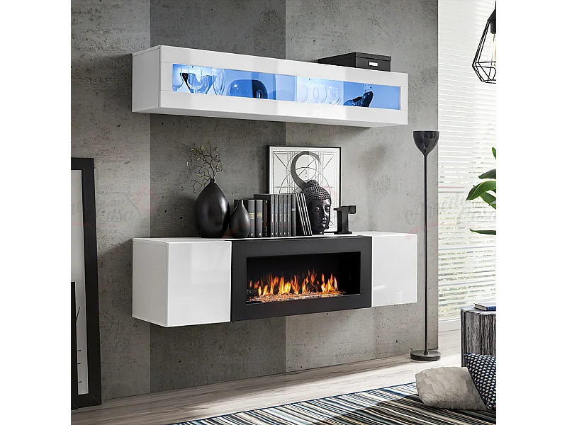 Parete attrezzata sospesa con vetrina orizzontale e luci LED e  biocamino 160x150 bianco PAP112