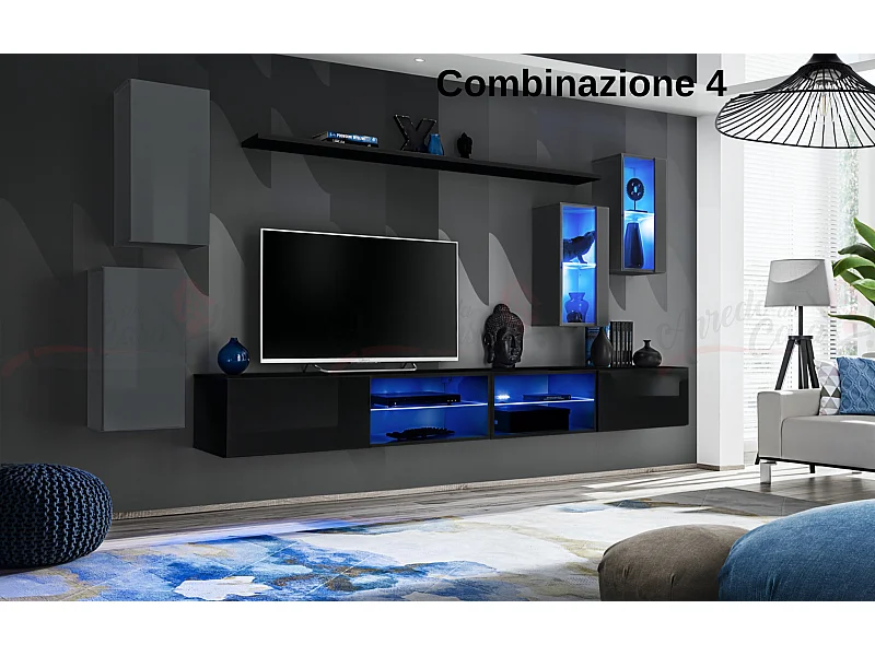 Parete attrezzata da soggiorno moderna con luci led 280x140 grigio e nero PAP71