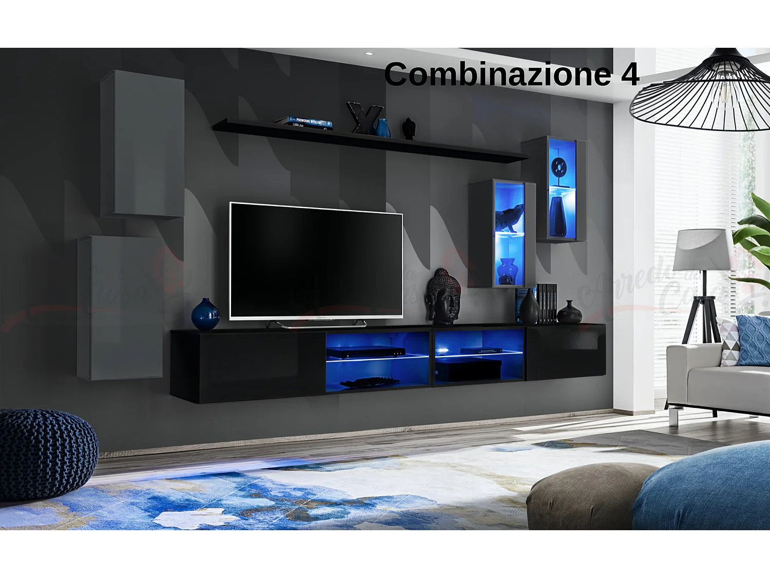 Parete attrezzata da soggiorno moderna con luci led 280x140 grigio e nero PAP71