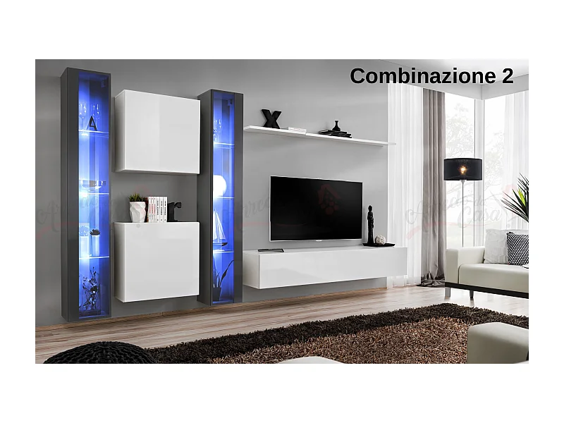 Parete attrezzata moderna da soggiorno con illuminazione led 330x180 grigio e bianco PAP60