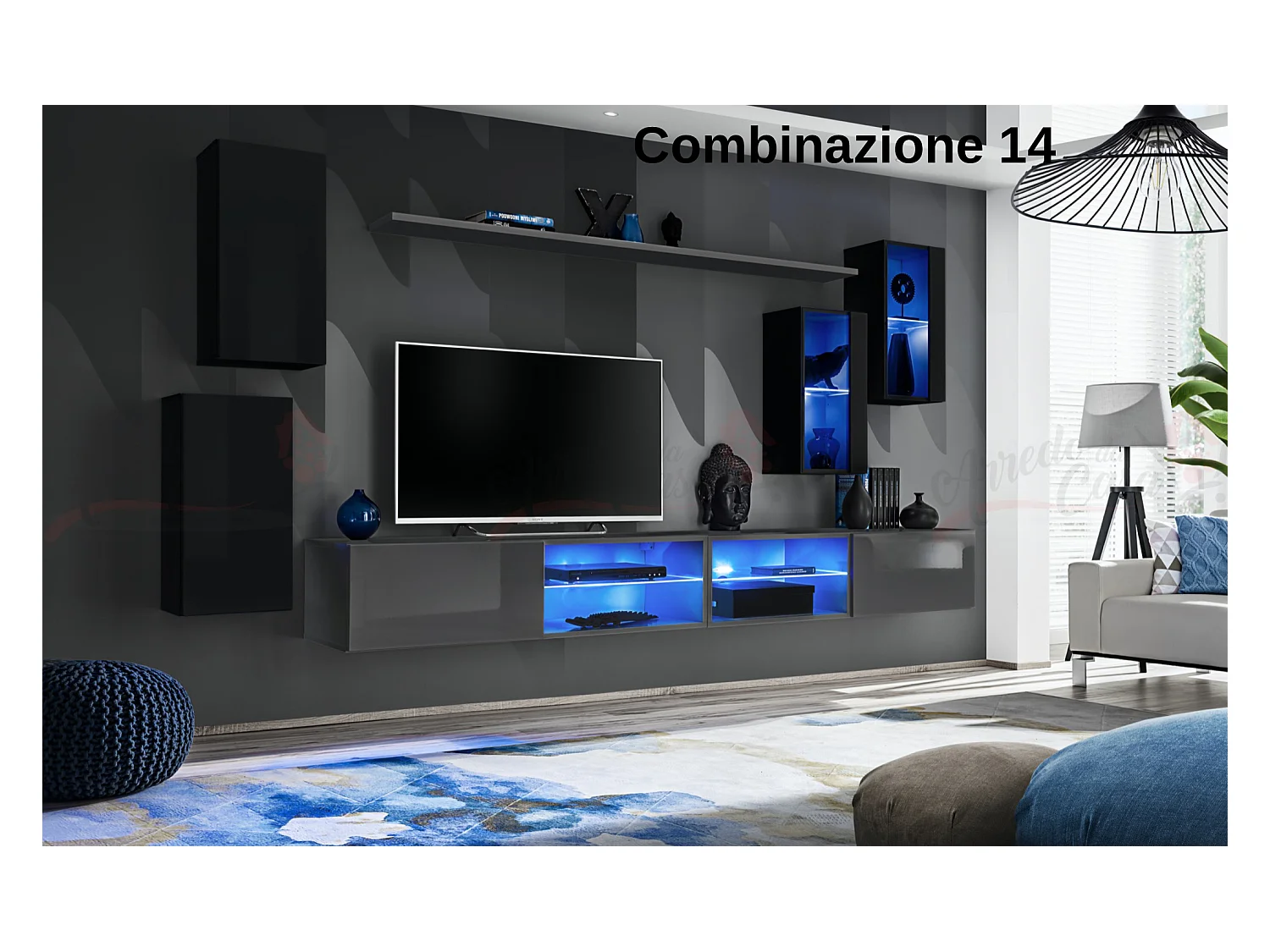 Parete attrezzata da soggiorno moderna con luci led 280x140 nero e grigio PAP71