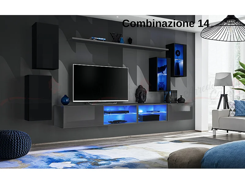 Parete attrezzata da soggiorno moderna con luci led 280x140 nero e grigio PAP71