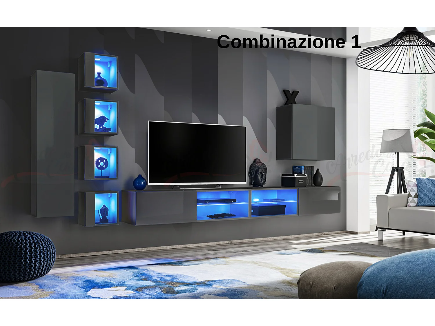 Parete attrezzata soggiorno con vetrinette e led 320x150 grigio PAP72