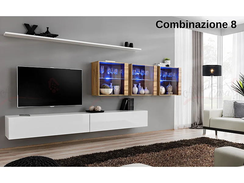 Parete attrezzata design moderno con vetrina 340x150 bianco e rovere PAP61