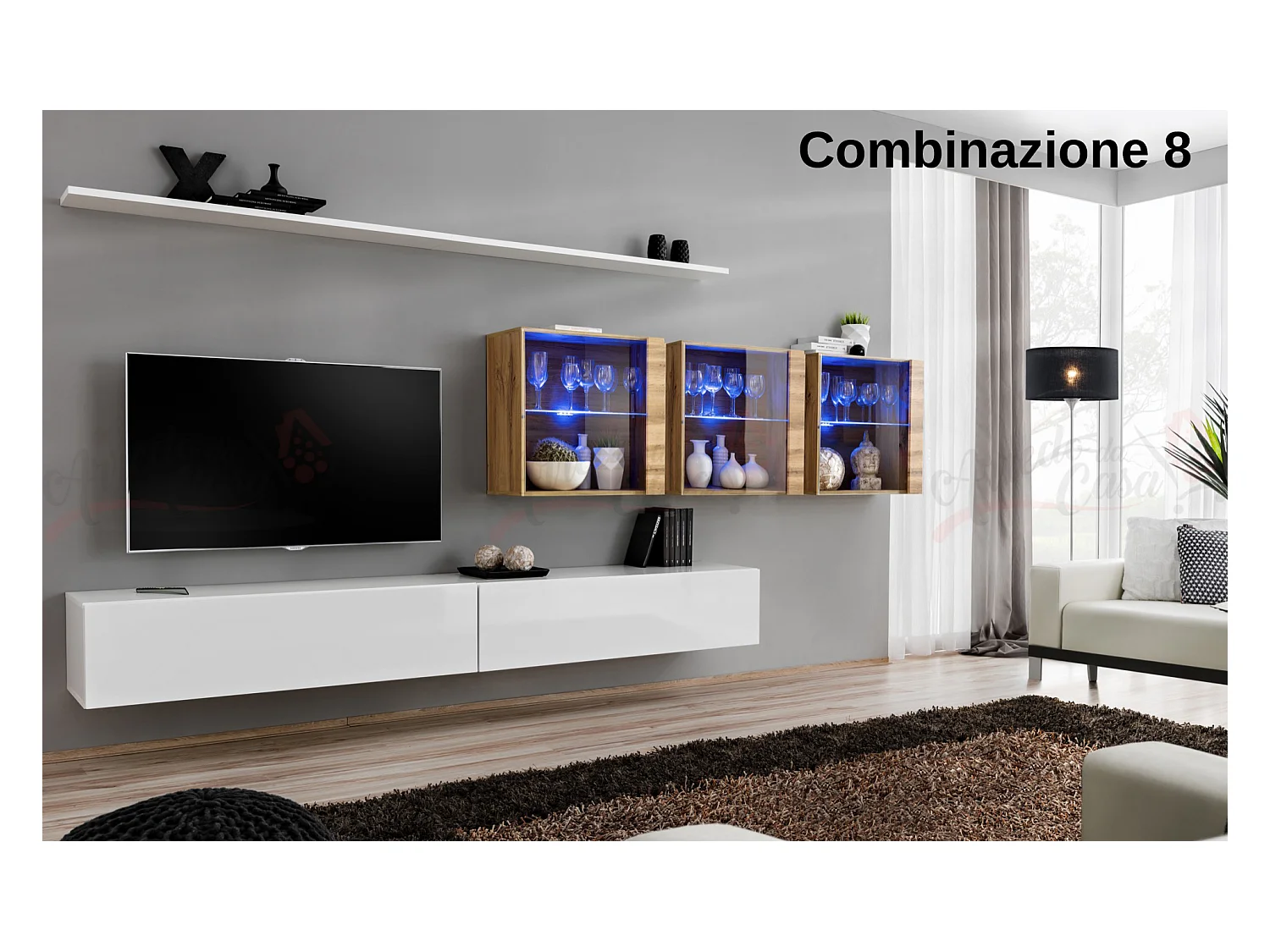 Parete attrezzata design moderno con vetrina 340x150 bianco e rovere PAP61