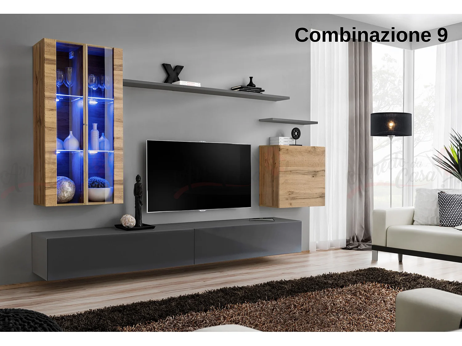 Parete attrezzata per soggiorno con luci LED 270x160 rovere e grigio PAP56