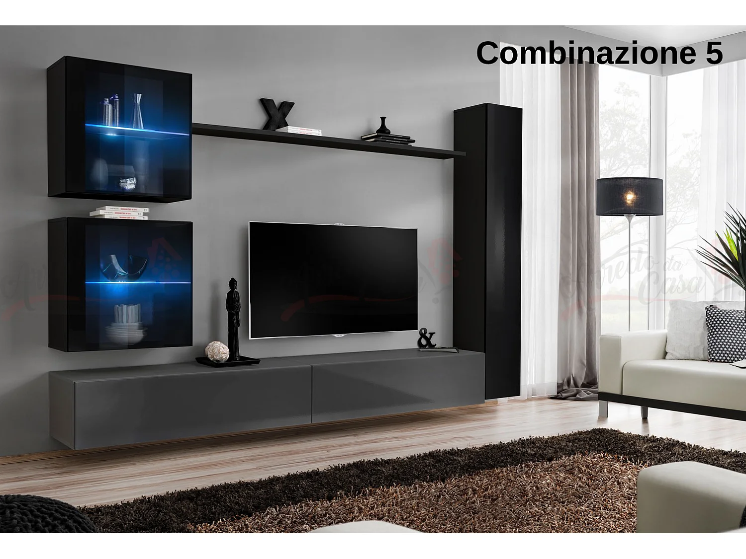 Parete attrezzata moderna per soggiorno con luci led 280x180 nero e grigio PAP62