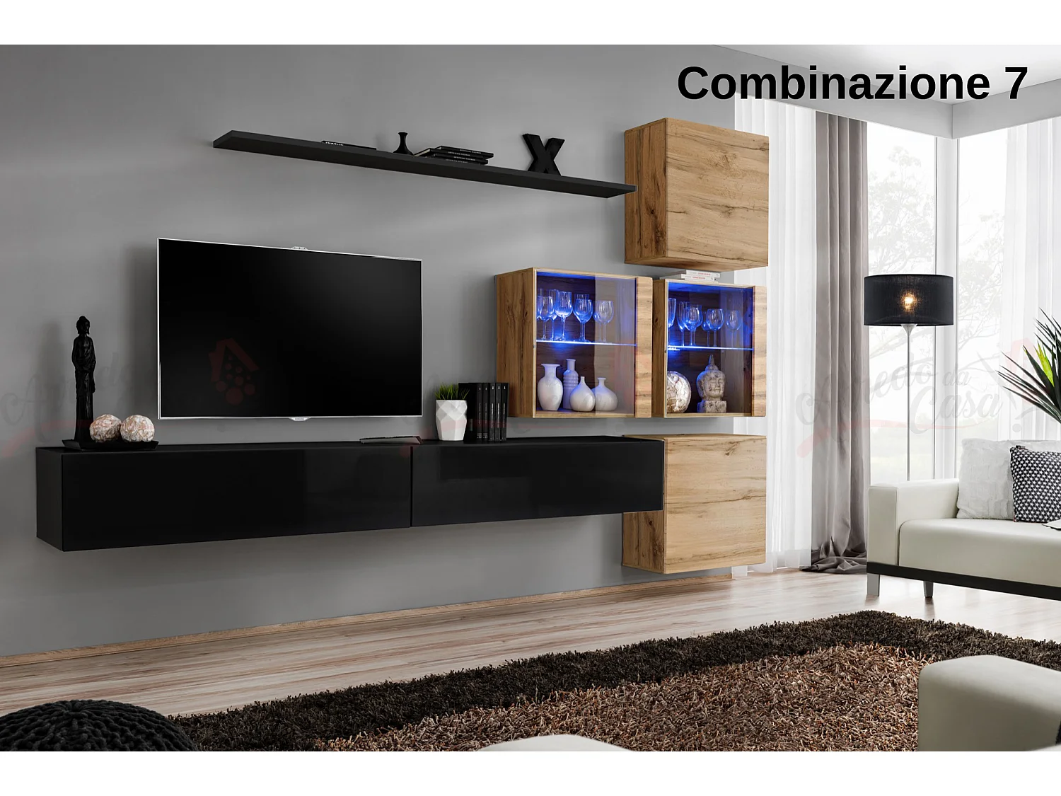 Parete attrezzata sospesa moderna con vetrinette 310x200 nero e rovere PAP63