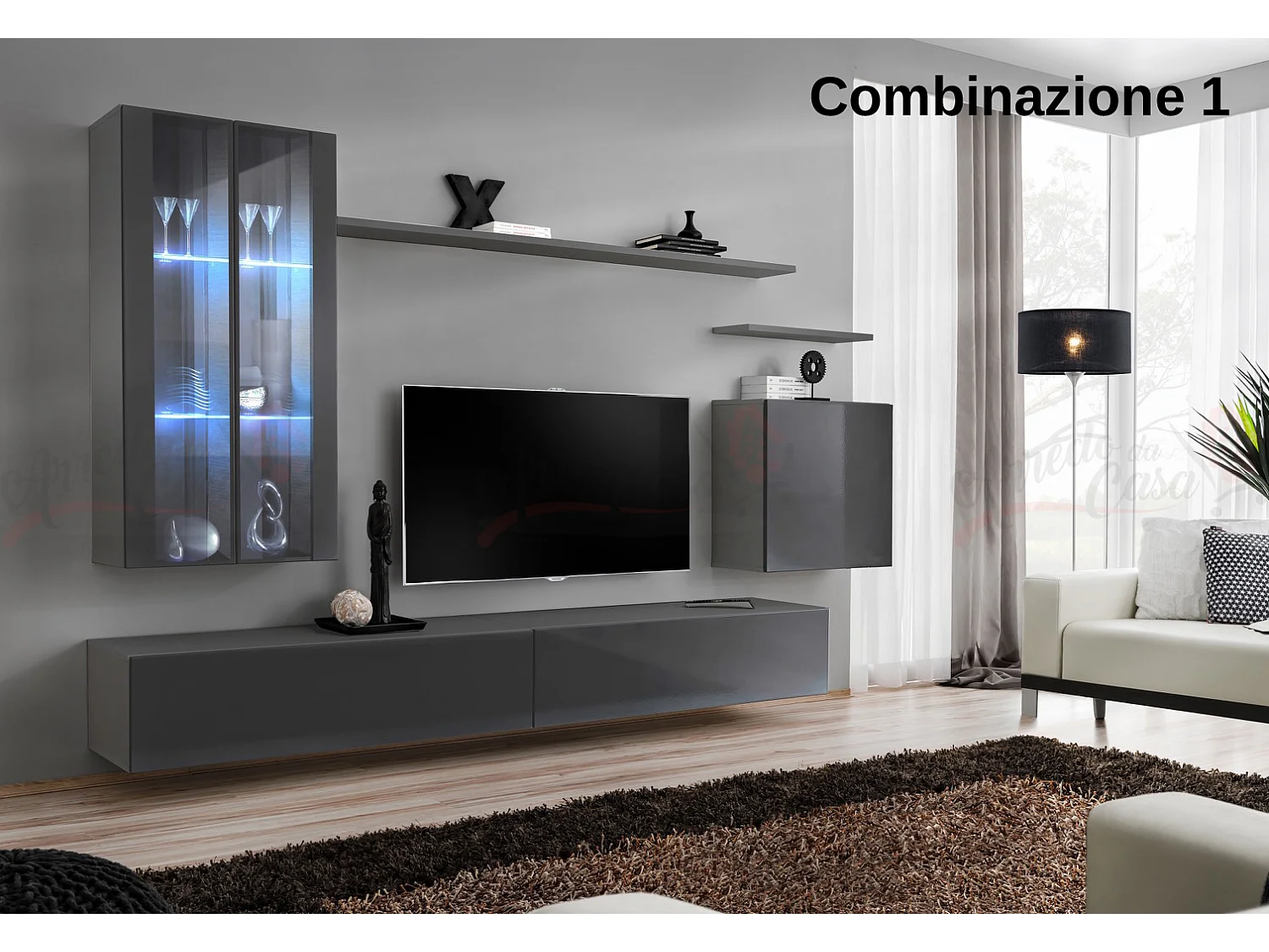 Parete attrezzata per soggiorno con luci LED 270x160 grigio PAP56