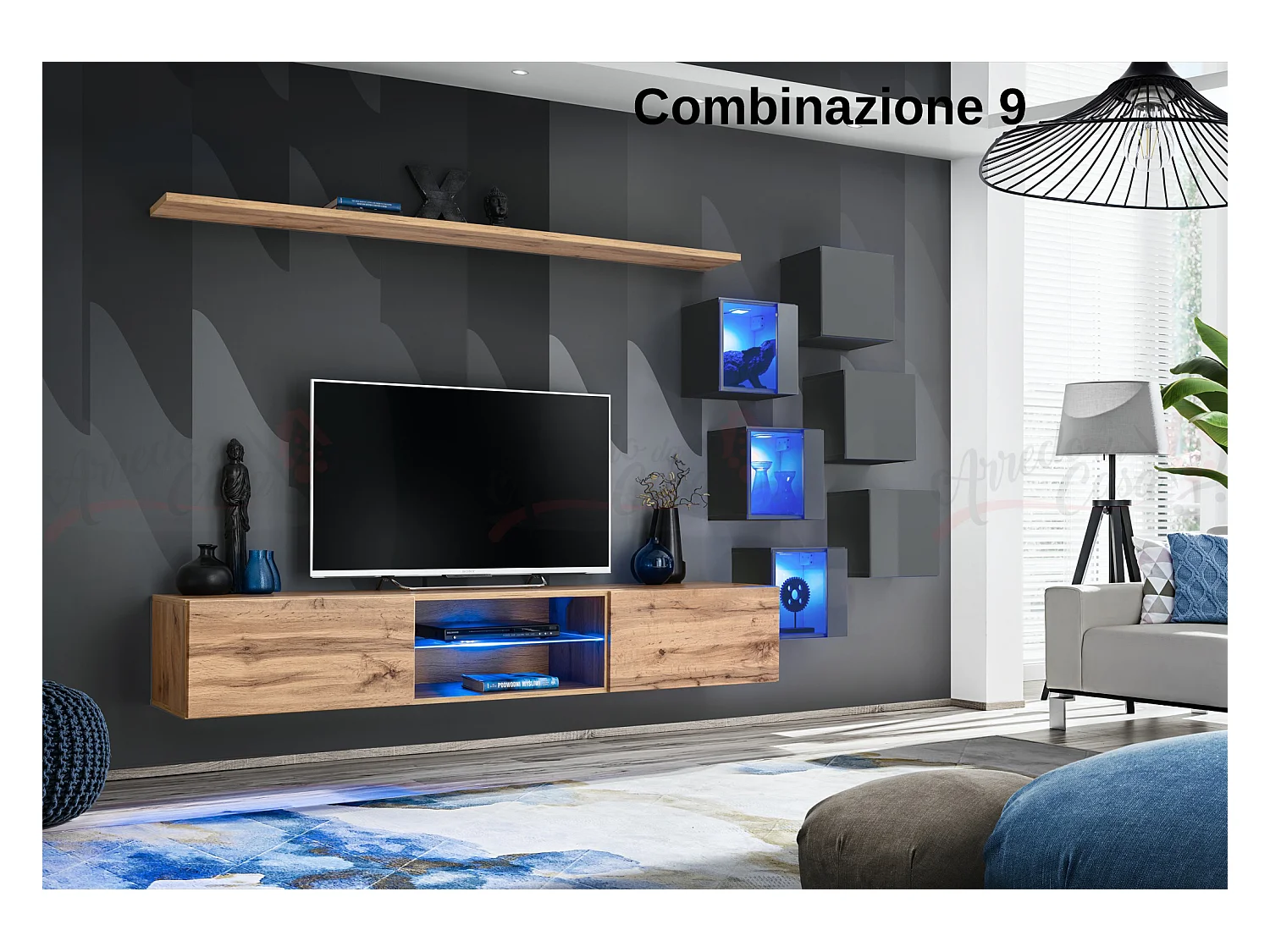 Parete attrezzata soggiorno con mobile TV sospeso 260x150 rovere e grigio PAP67