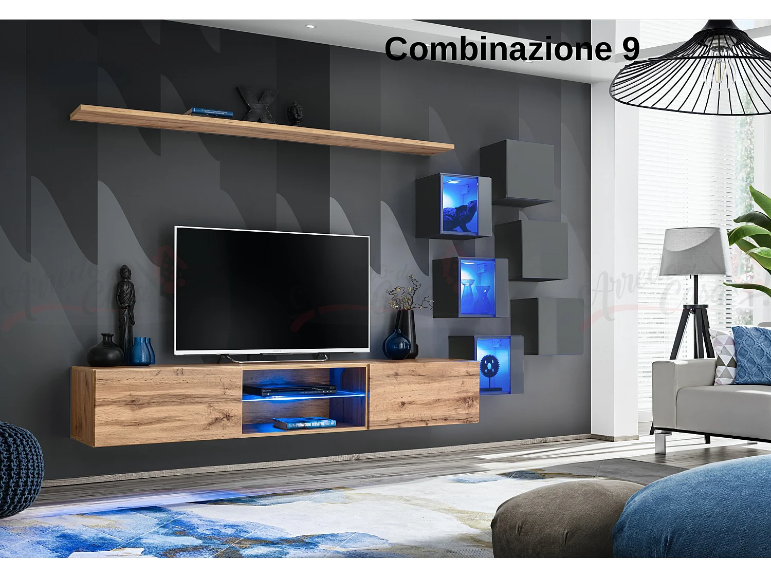 Parete attrezzata soggiorno con mobile TV sospeso 260x150 rovere e grigio PAP67