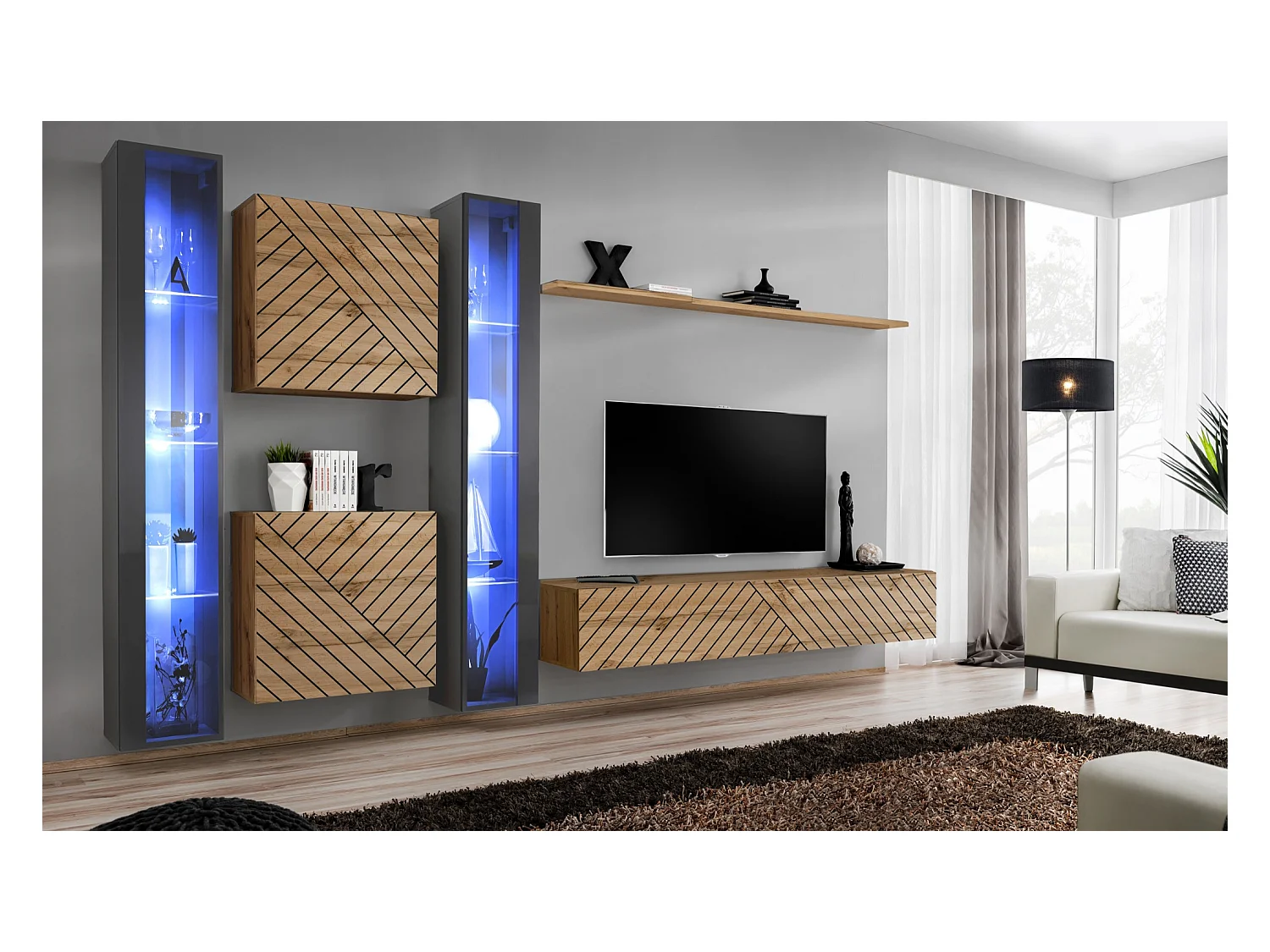 Parete attrezzata moderna da soggiorno con illuminazione led 330x180 grigio e rovere PAP60