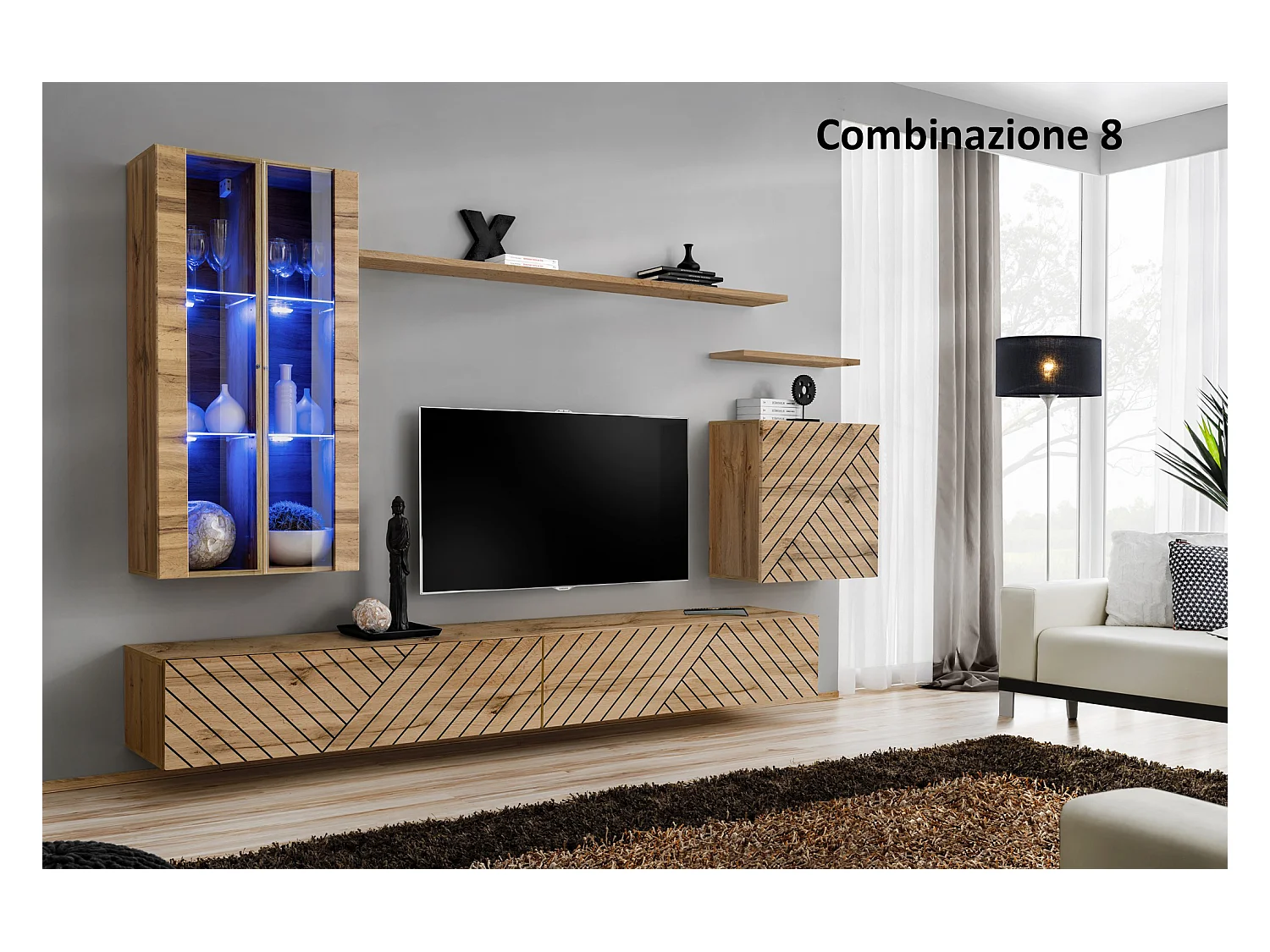 Parete attrezzata per soggiorno con luci LED 270x160 rovere PAP56