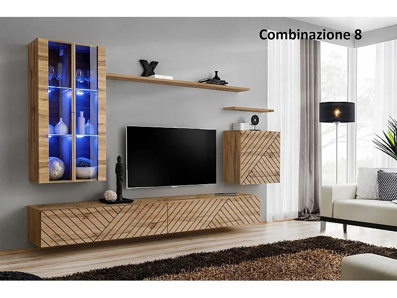 Parete attrezzata per soggiorno con luci LED 270x160 rovere PAP56