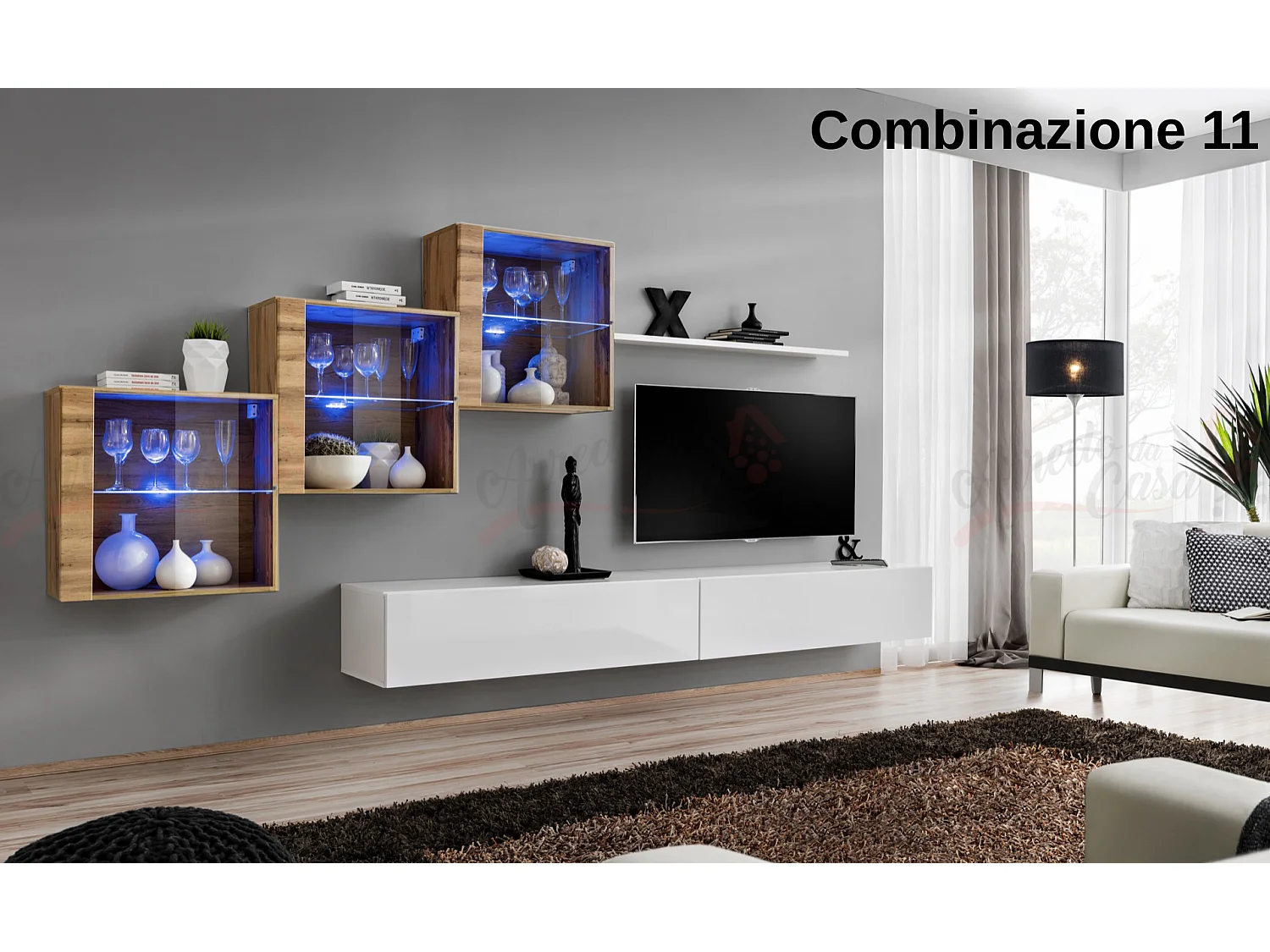 Parete attrezzata sospesa design contemporaneo con led 330x160 rovere e bianco PAP65