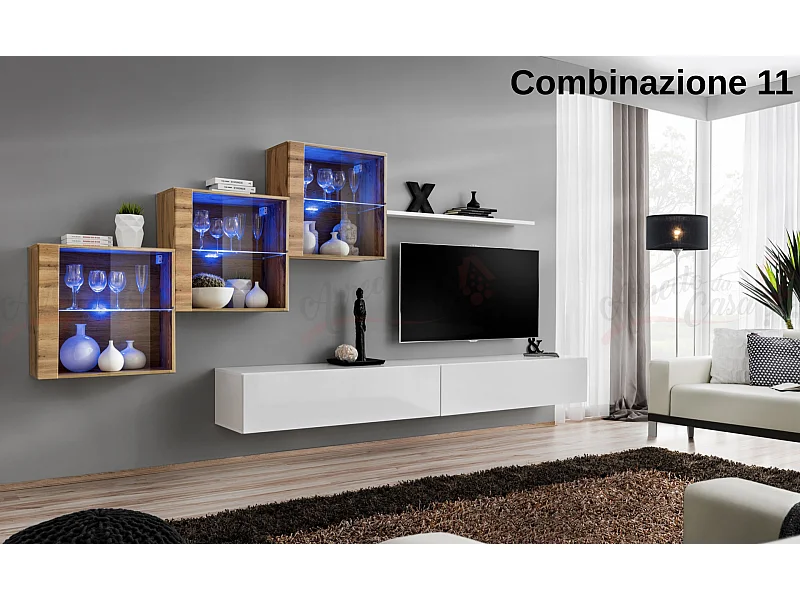 Parete attrezzata sospesa design contemporaneo con led 330x160 rovere e bianco PAP65