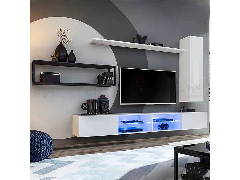 Parete attrezzata da soggiorno con luci led 300x170 bianco PAP76