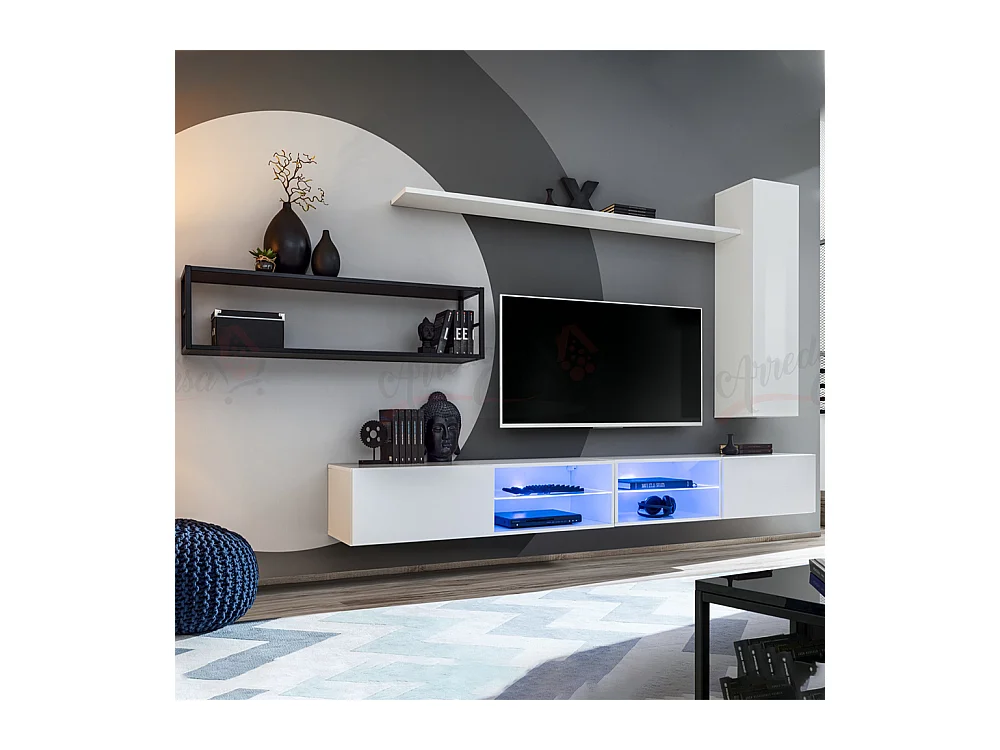 Parete attrezzata da soggiorno con luci led 300x170 bianco PAP76