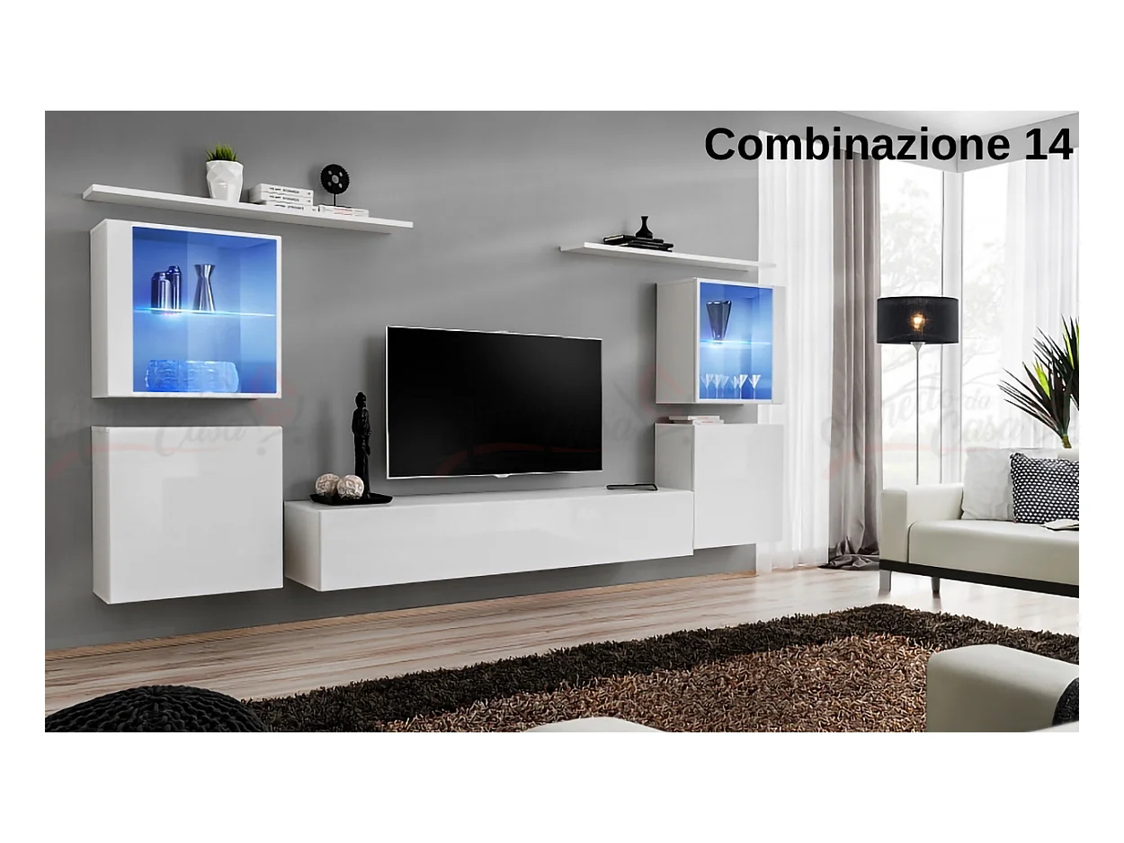 Parete attrezzata moderna con vetrine illuminate a led 320x150 bianco PAP58