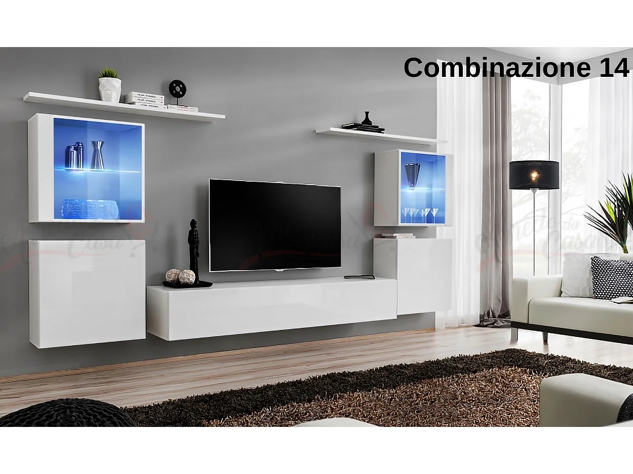Parete attrezzata moderna con vetrine illuminate a led 320x150 bianco PAP58