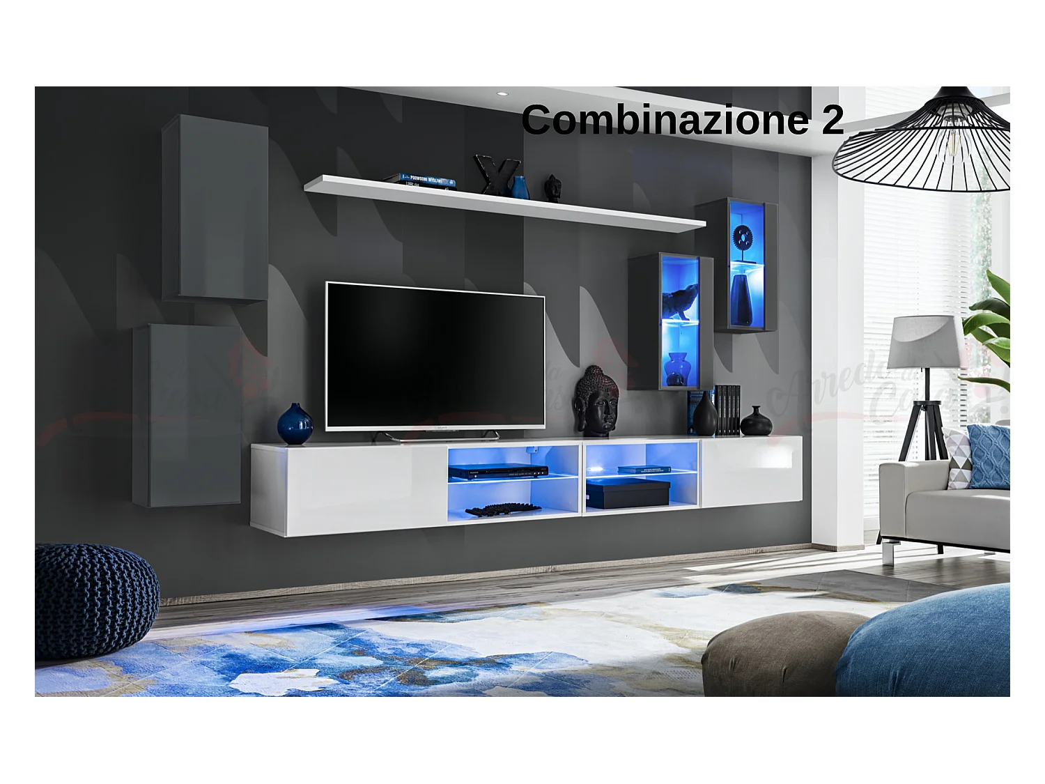 Parete attrezzata da soggiorno moderna con luci led 280x140 grigio e bianco PAP71