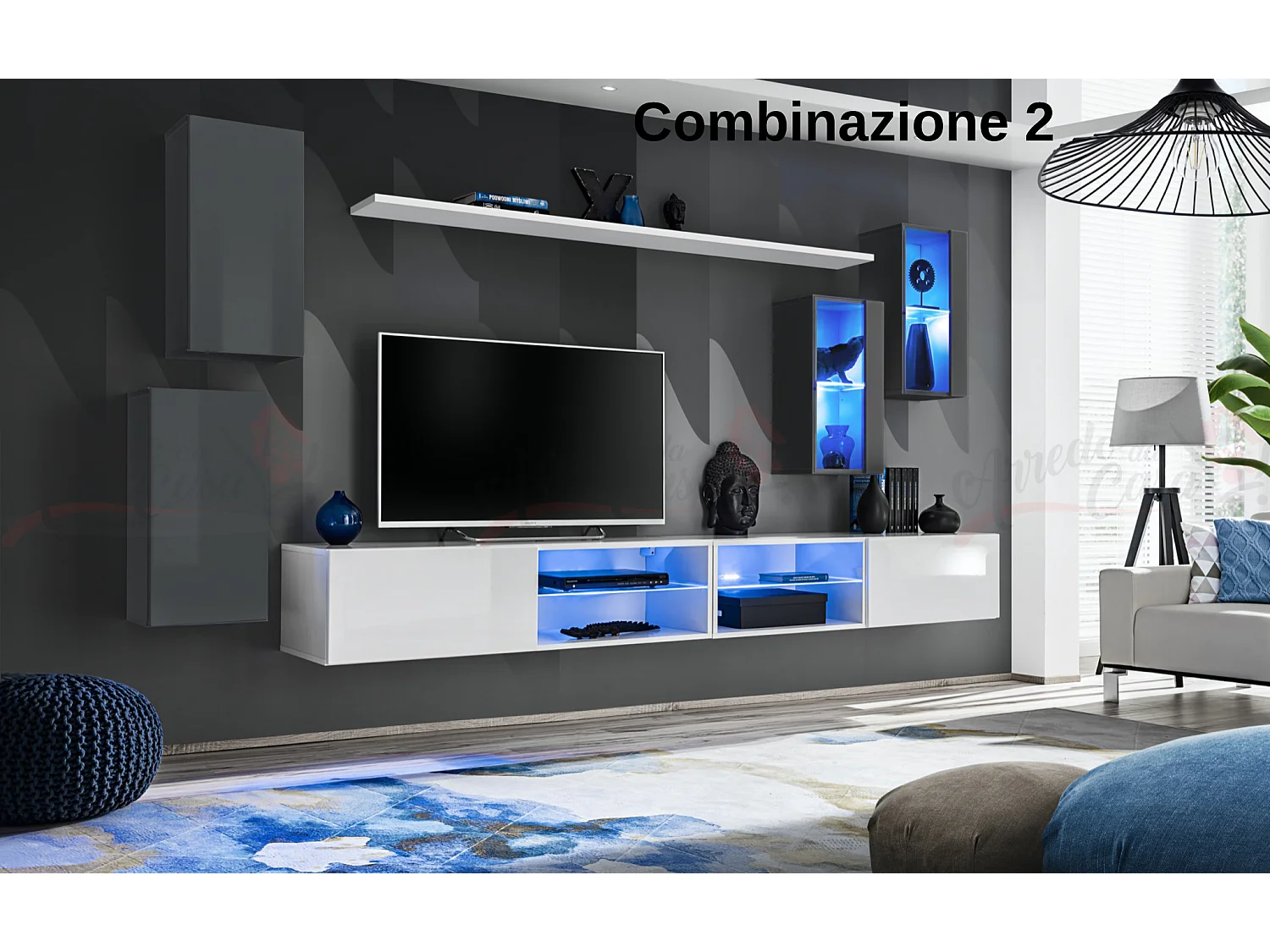 Parete attrezzata da soggiorno moderna con luci led 280x140 grigio e bianco PAP71